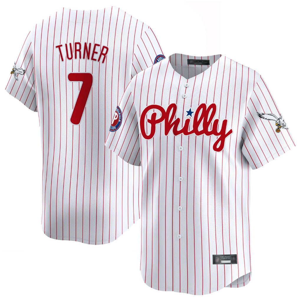 Johmsee P.Phillies #7 Trea Turner Player White Pinstripe Phillies & Eagles Vapor Premier Limited Stitched Jerseys