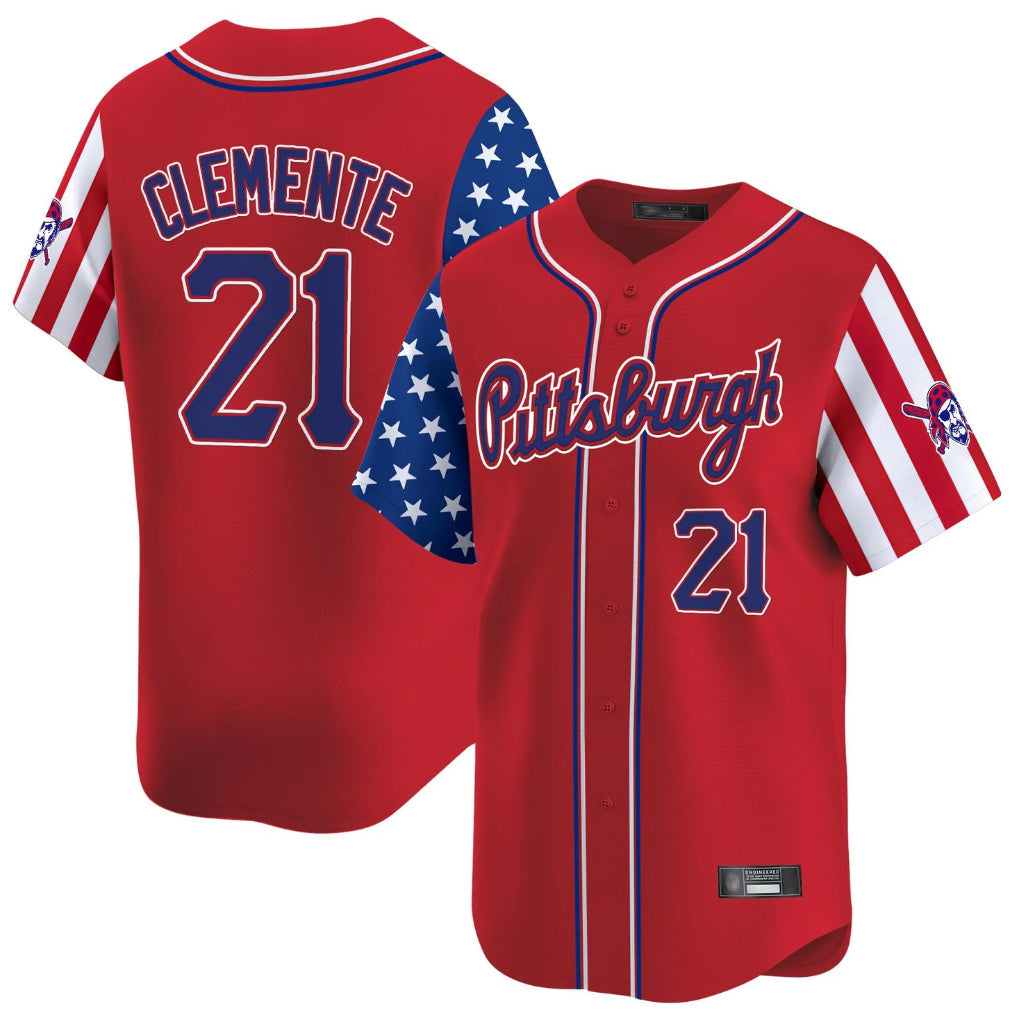 Johmsee P.Pirates #21 Roberto Clemente Player Red 2025 Independence Day Vapor Premier Limited Stitched Jerseys