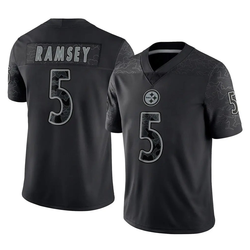 Johmsee P.Steelers #5 Jalen Ramsey Player Black Reflective Limited Home Game Stitched Jerseys
