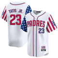 Johmsee S.Diego Padres #23 Fernando Tatis Jr Player White Independence Day Home Limited Stitched Jerseys
