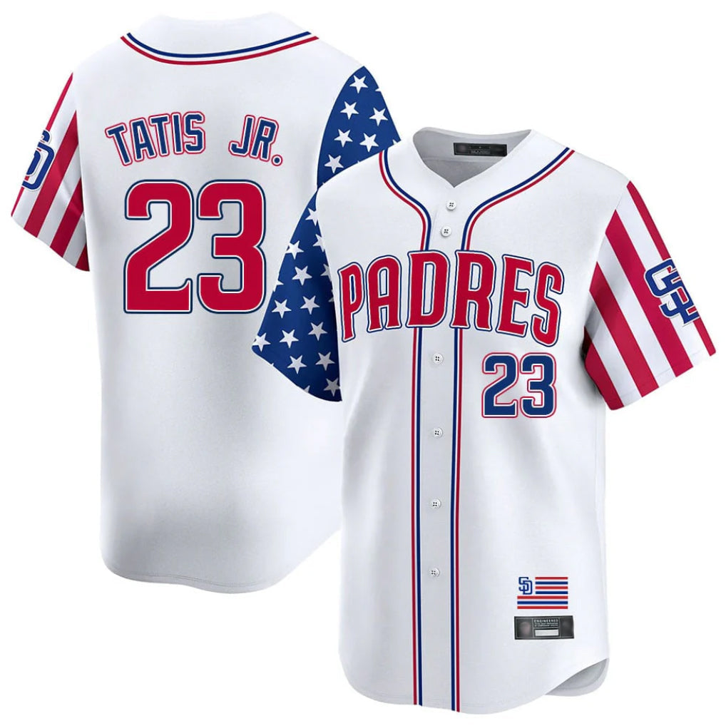 Johmsee S.Diego Padres #23 Fernando Tatis Jr Player White Independence Day Home Limited Stitched Jerseys