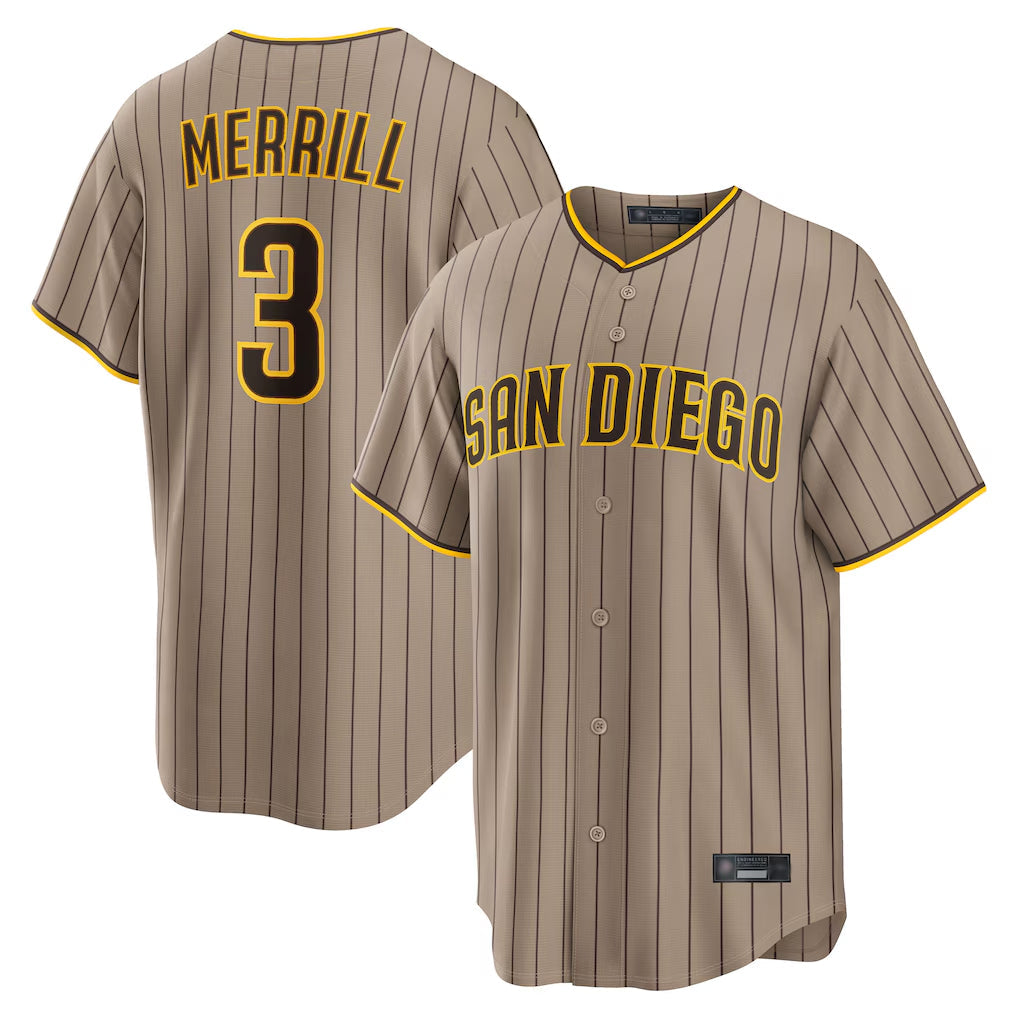 Johmsee S.Diego Padres #3 Jackson Merrill Player Khaki Home Game Stitched Jerseys