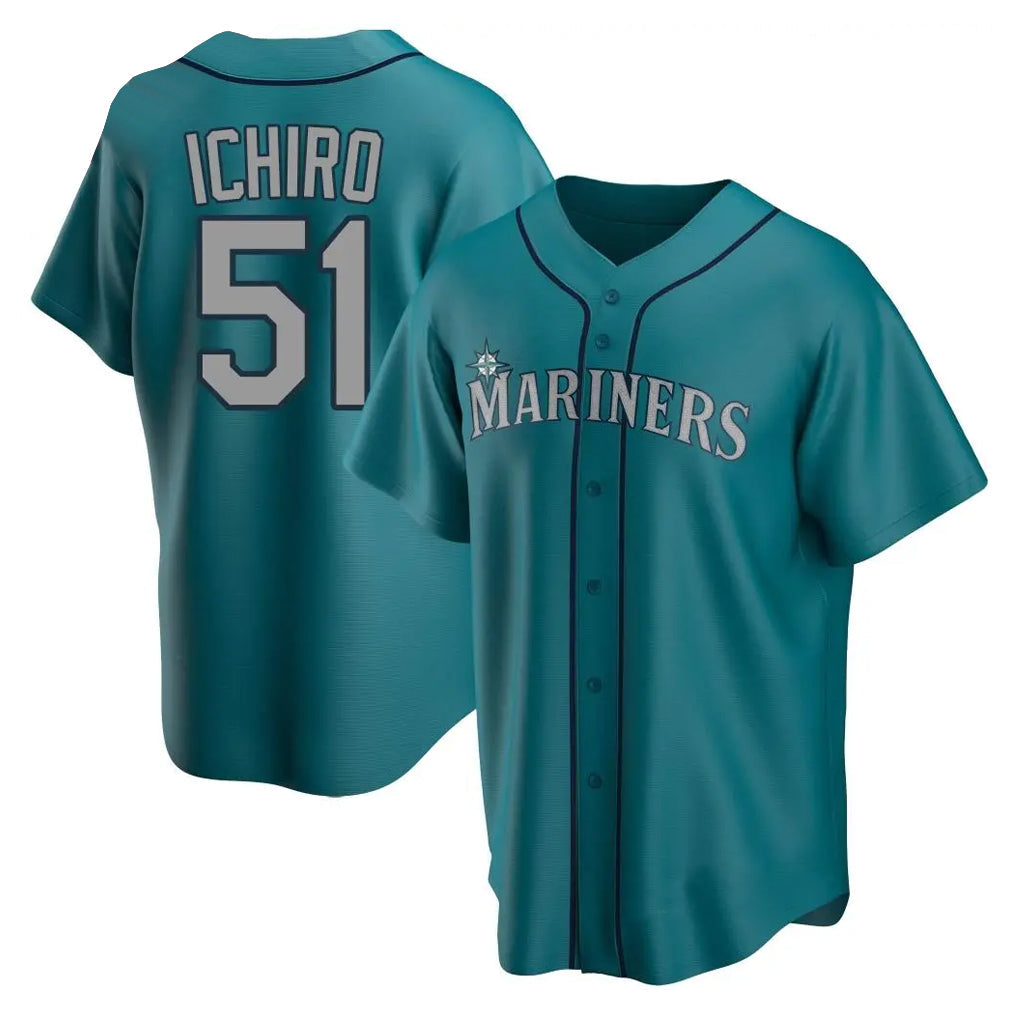 Johmsee S.Mariners #51 Ichiro Suzuki Player Teal Home Game Stitched Jerseys