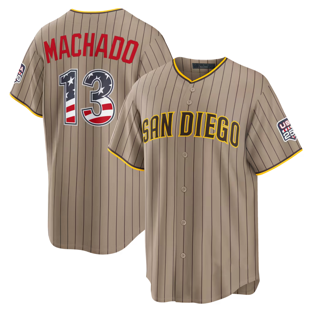Johmsee SD.Padres #13 Manny Machado Sand USA 250 Fourth of July Alternate Stadium Jersey