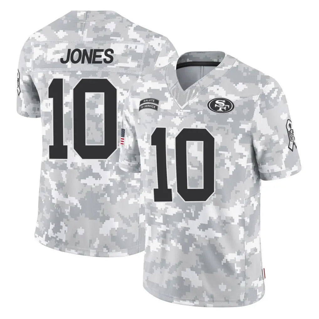 Johmsee SF.49ers #10 Mac Jones Player Arctic Camo Limited Salute To Service Home Game Stitched Jerseys