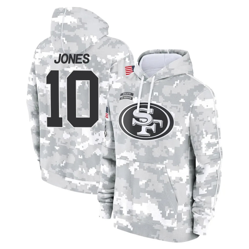 Johmsee SF.49ers #10 Mac Jones Player Arctic Camo Limited Salute to Service Pullover Hoodies Game Stitched Jerseys