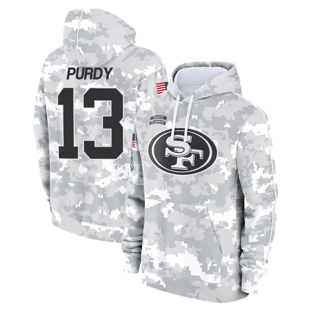 Johmsee SF.49ers #13 Brock Purdy Player Arctic Camo Limited Salute to Service Pullover Hoodies Game Stitched Jerseys