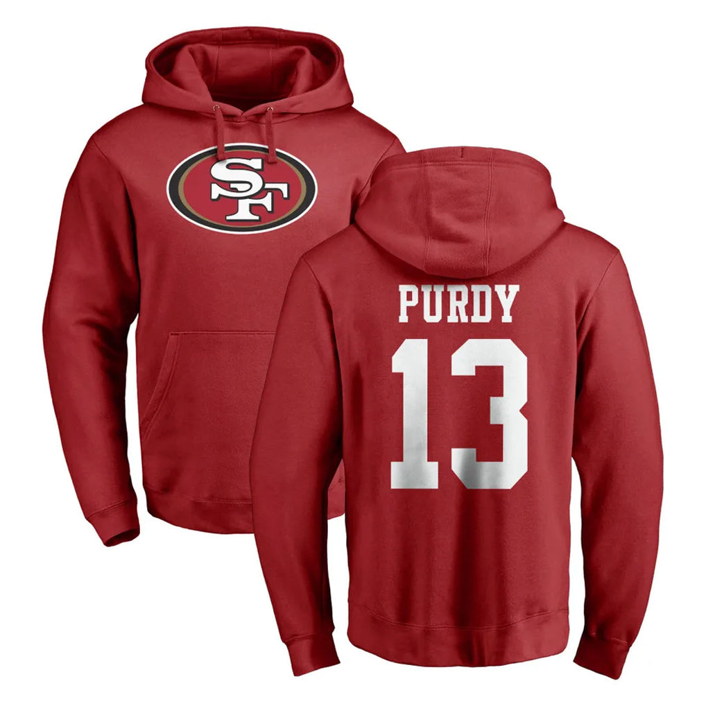 Johmsee SF.49ers #13 Brock Purdy Player Red LOGO Pullover Hoodies Home Game Stitched Jerseys