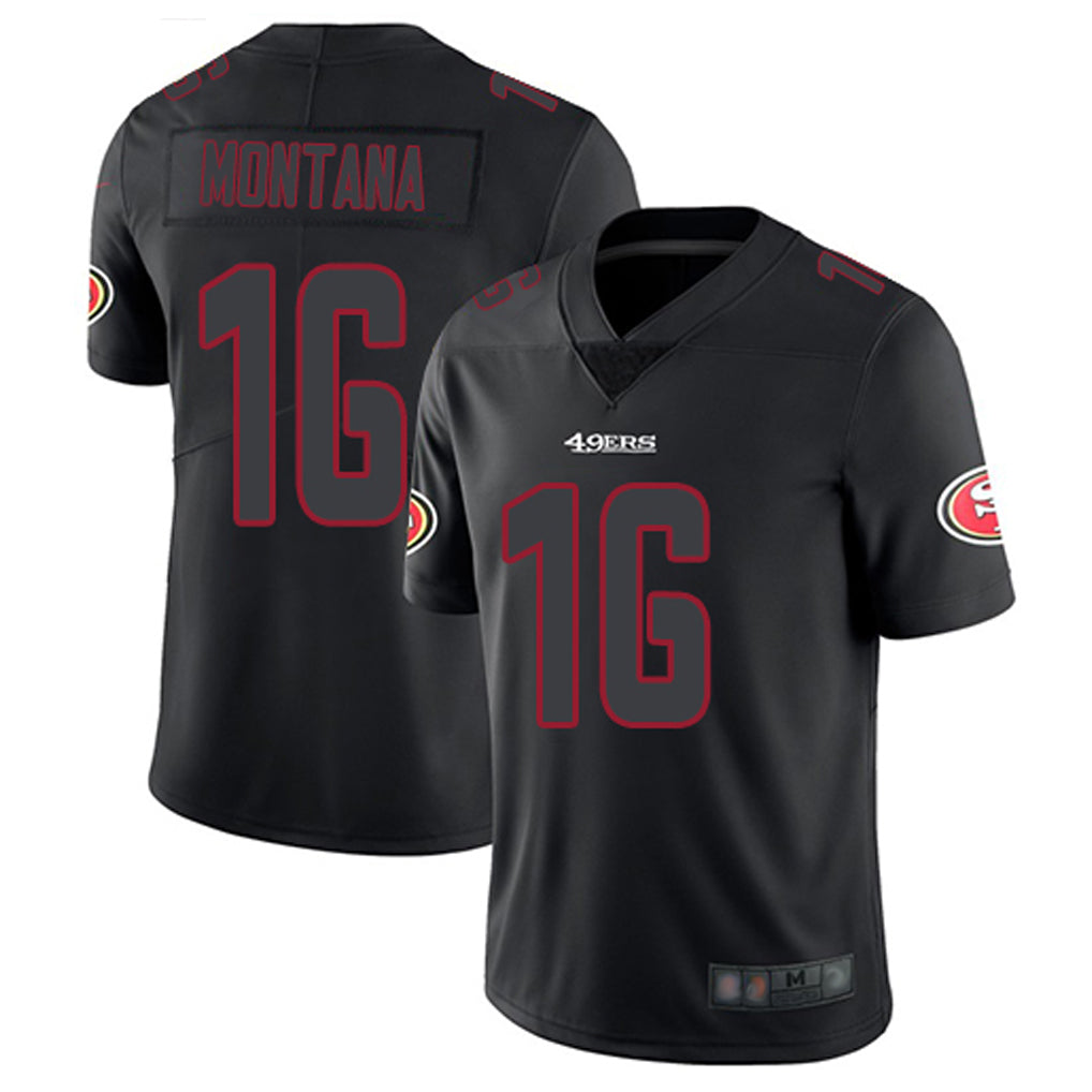 Johmsee SF.49ers #16 Joe Montana Player Black Limited Rush Impact Stitched Jerseys