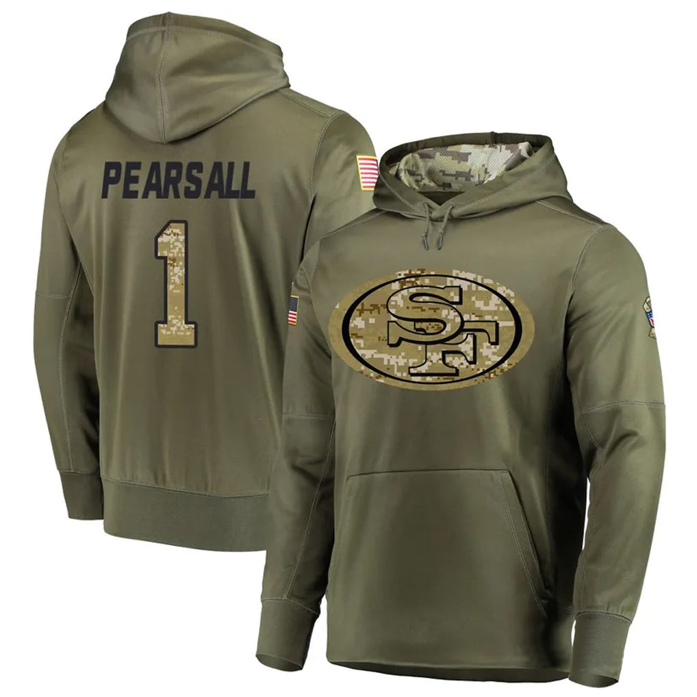 Johmsee SF.49ers #1 Ricky Pearsall Player Salute To Service Olive Hoodie Player Stitched Jerseys