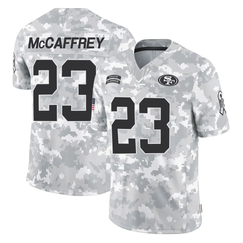 Johmsee SF.49ers #23 Christian McCaffrey Player Arctic Camo Limited Salute To Service Home Game Stitched Jerseys