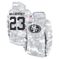 Johmsee SF.49ers #23 Christian McCaffrey Player Arctic Camo Limited Salute to Service Pullover Hoodies Game Stitched Jerseys