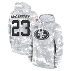 Johmsee SF.49ers #23 Christian McCaffrey Player Arctic Camo Limited Salute to Service Pullover Hoodies Game Stitched Jerseys