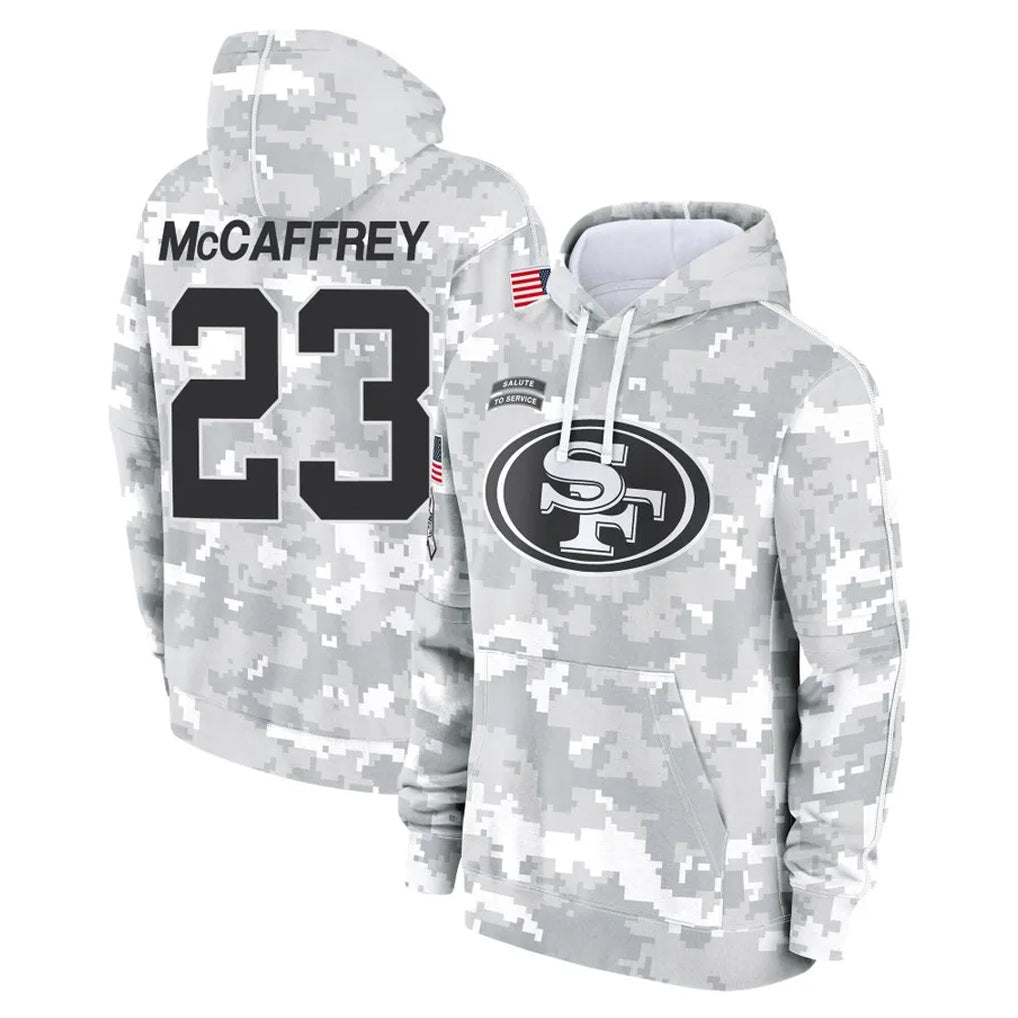 Johmsee SF.49ers #23 Christian McCaffrey Player Arctic Camo Limited Salute to Service Pullover Hoodies Game Stitched Jerseys