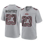 Johmsee SF.49ers #23 Christian McCaffrey Player Gray Atmosphere Fashion Home Game Stitched Jerseys