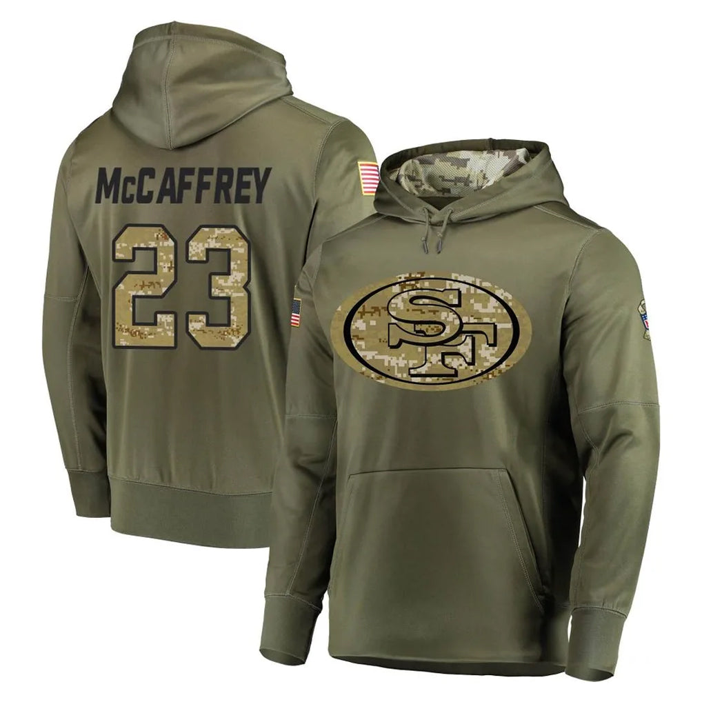 Johmsee SF.49ers #23 Christian McCaffrey Player Olive Salute to Service Pullover Hoodie Home Game Stitched Jerseys