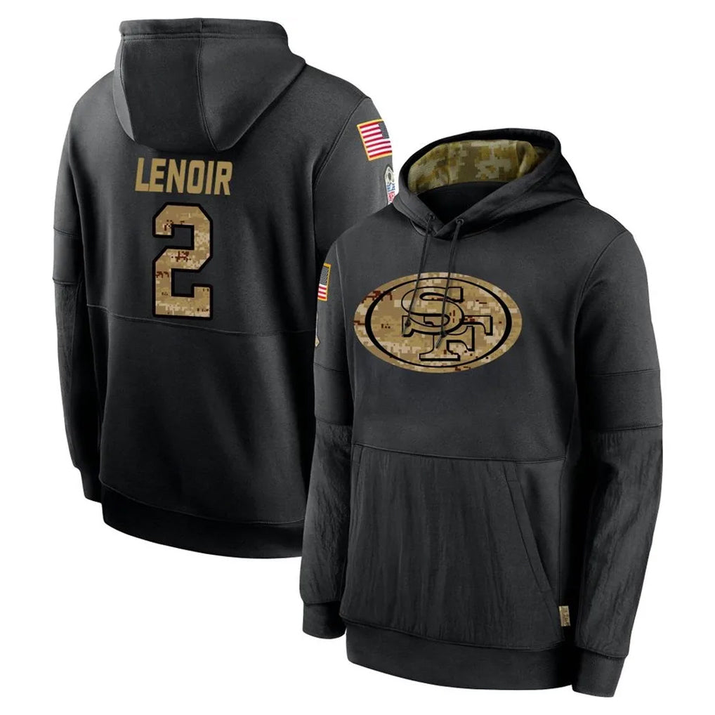 Johmsee SF.49ers #2 Deommodore Lenoir Player Black Salute to Service Sideline Performance Pullover Hoodies Home Game Stitched Jerseys