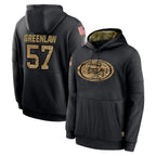 Johmsee SF.49ers #57 Dre Greenlaw Player Black Salute to Service Sideline Performance Pullover Hoodies Home Game Stitched Jerseys