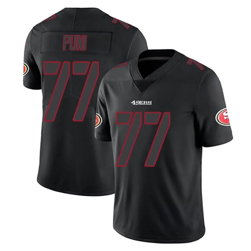 Johmsee SF.49ers #77 Dominick Puni Player Black Impact Limited Home Game Stitched Jerseys