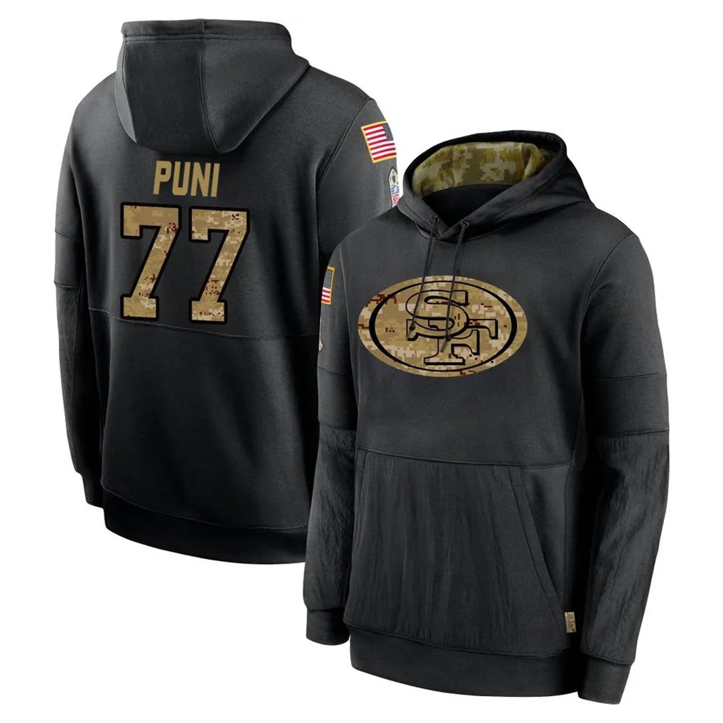 Johmsee SF.49ers #77 Dominick Puni Player Black Salute to Service Sideline Performance Pullover Hoodies Home Game Stitched Jerseys