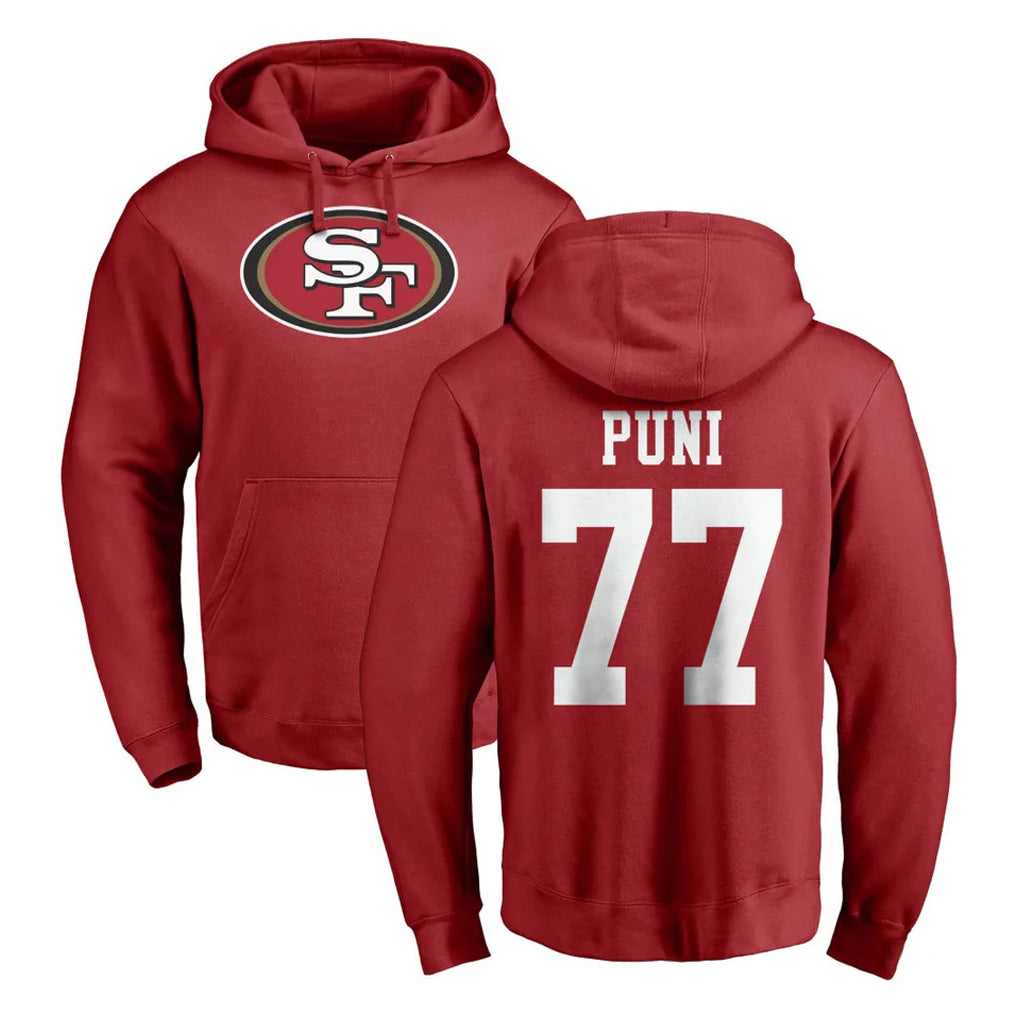 Johmsee SF.49ers #77 Dominick Puni Player Red LOGO Pullover Hoodies Home Game Stitched Jerseys