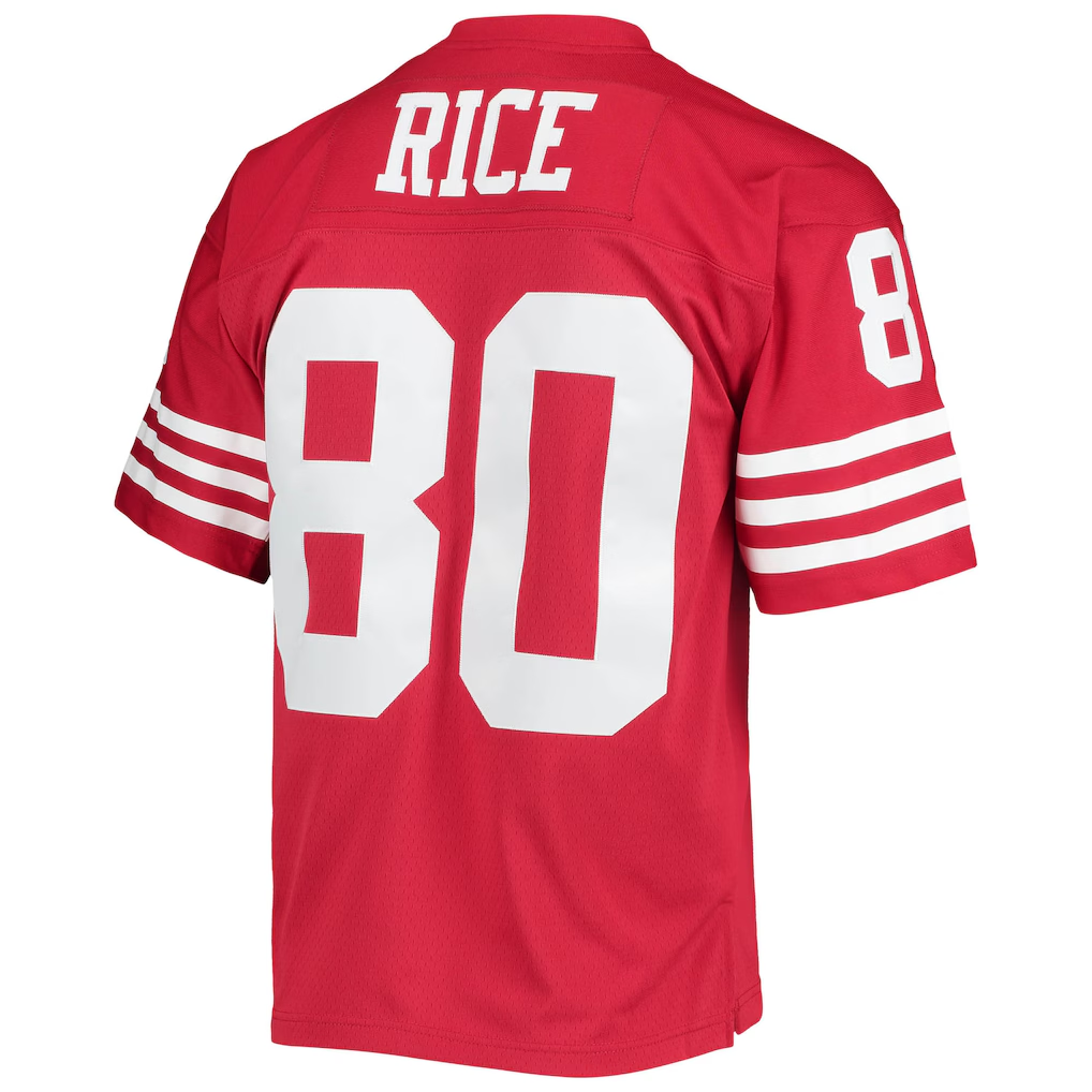 Johmsee SF.49ers #80 Jerry Rice Mitchell & Ness Scarlet Legacy Replica Jersey Stitched Puhic Game Jerseys