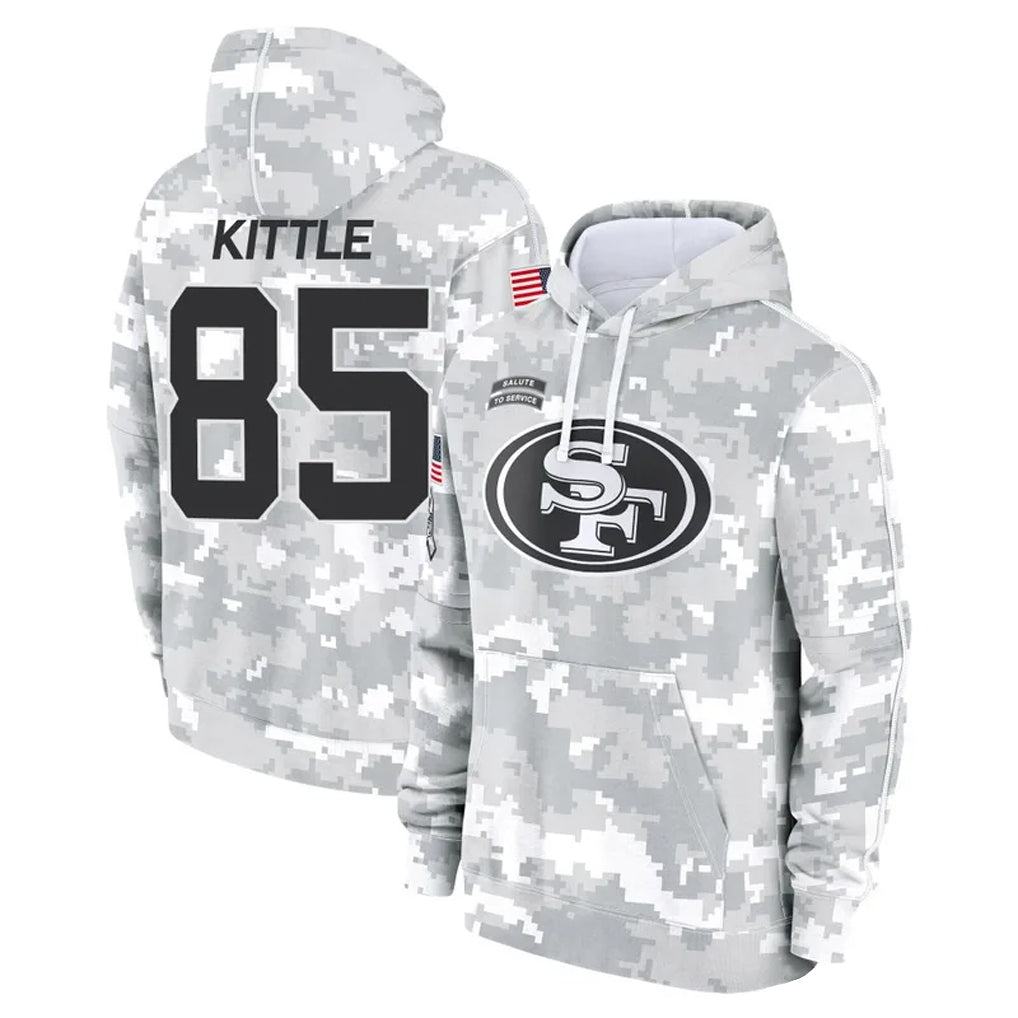 Johmsee SF.49ers #85 George Kittle Player Arctic Camo Salute to Service Hoodies Stitched Jerseys