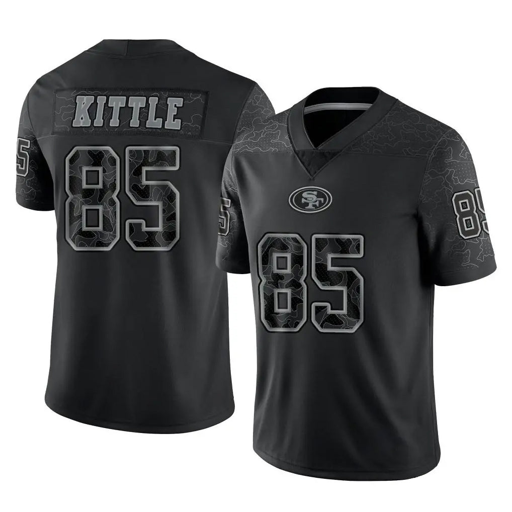 Johmsee SF.49ers #85 George Kittle Player Black Limited Reflective Home Game Stitched Jerseys