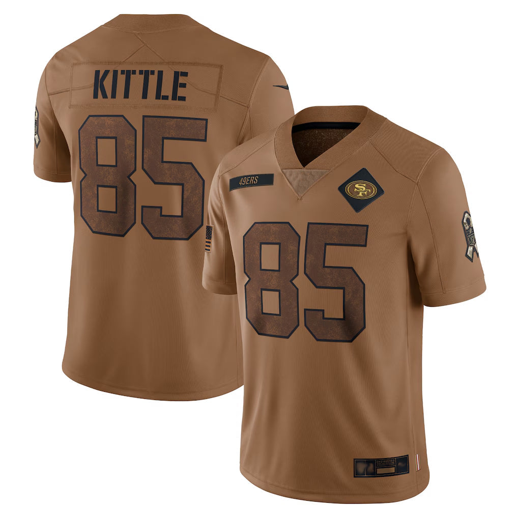 Johmsee SF.49ers #85 George Kittle Player Brown Salute To Service Limited Stitched Jerseys