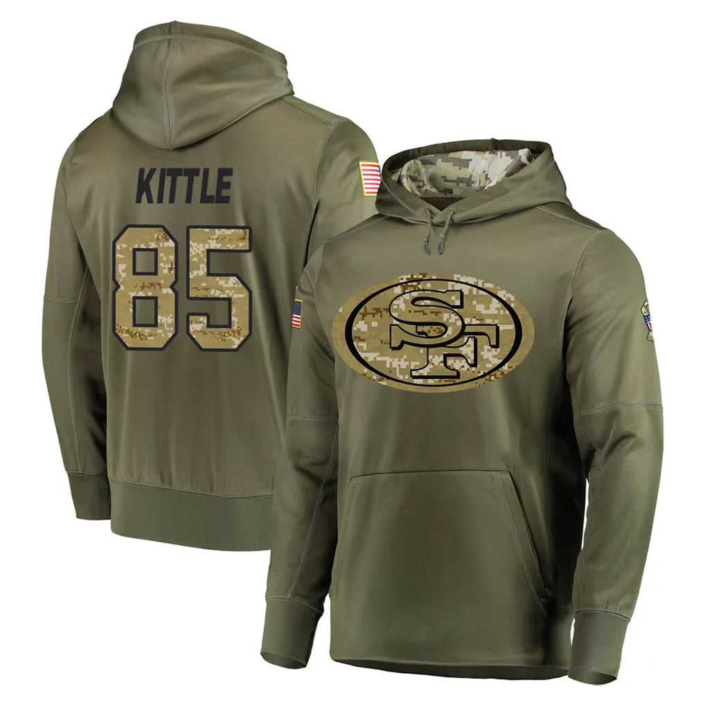 Johmsee SF.49ers #85 George Kittle Player Olive Salute to Service Pullover Hoodie Home Game Stitched Jerseys