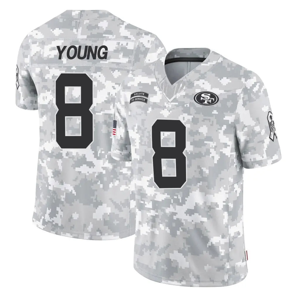 Johmsee SF.49ers #8 Steve Young Player Arctic Camo Salute to Service Stitched Jerseys