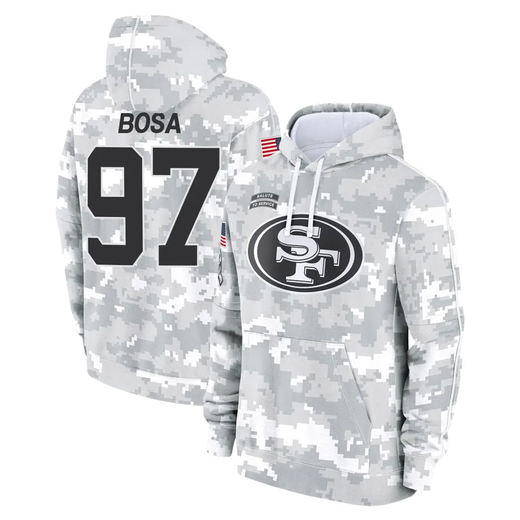 Johmsee SF.49ers #97 Nick Bosa Player Arctic Camo Limited Salute to Service Pullover Hoodies Game Stitched Jerseys