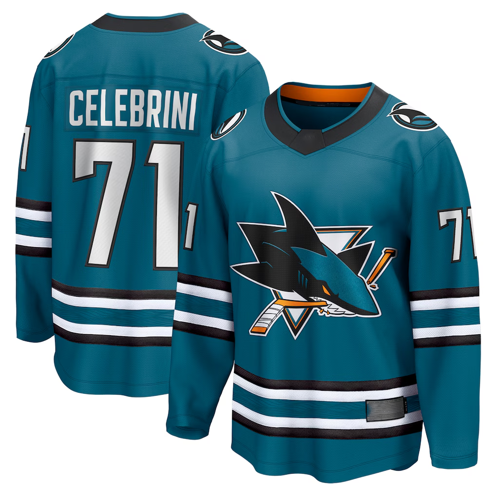 Johmsee SJ.Sharks #71 Macklin Celebrini Teal Home Breakaway Jerseys
