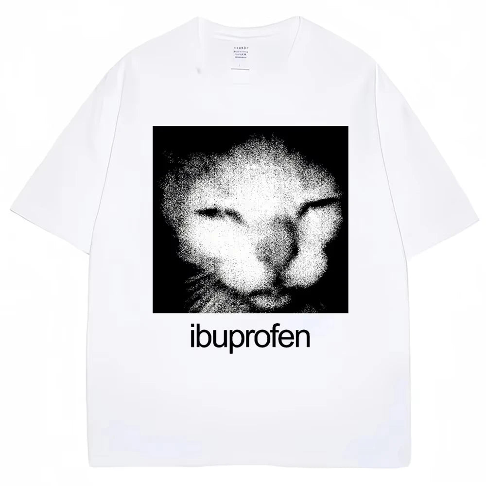 2026 Vintage Funny Ibuprofen Cat Meme Graphic Tees Men Women Humor Fashion T Shirts Oversized Casual Streetwear T-shirt Y2K Tops