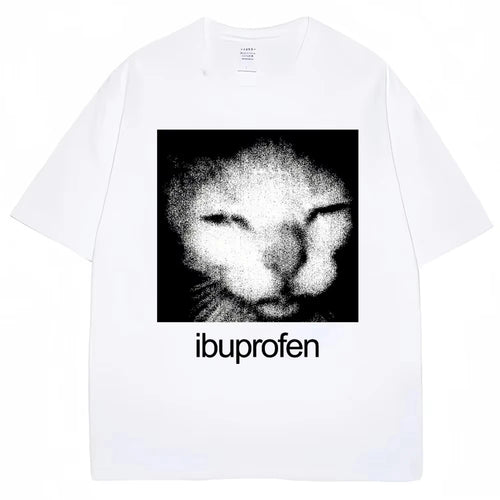 2026 Vintage Funny Ibuprofen Cat Meme Graphic Tees Men Women Humor Fashion T Shirts Oversized Casual Streetwear T-shirt Y2K Tops