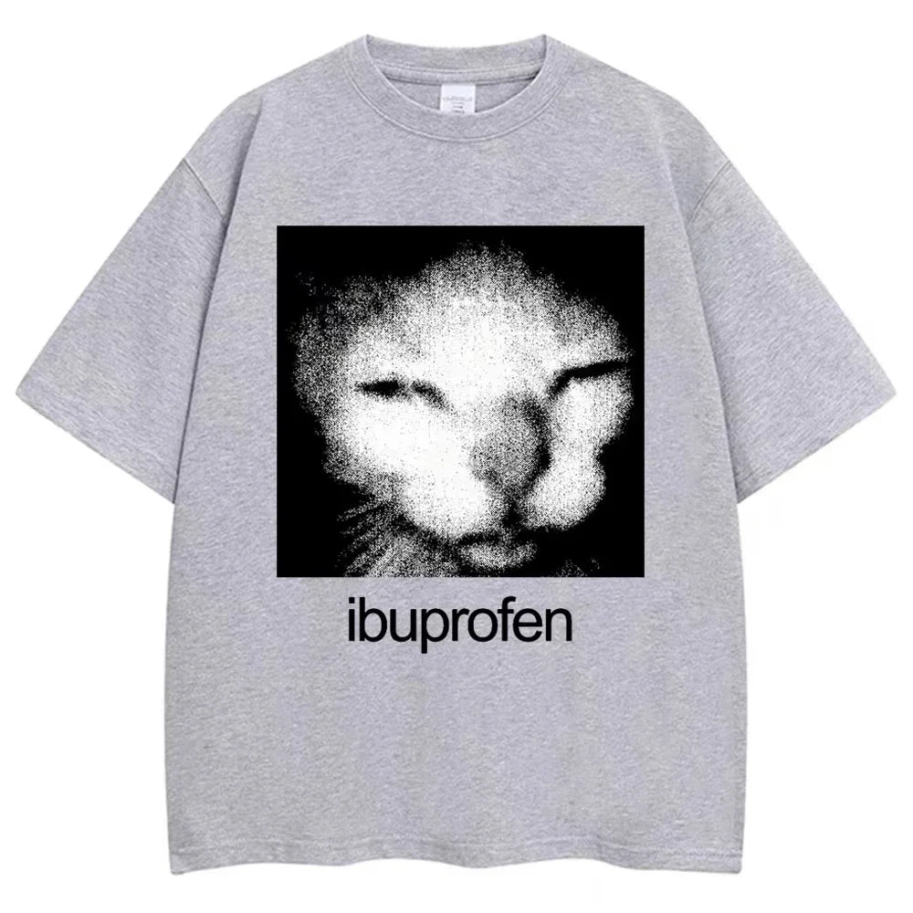 2026 Vintage Funny Ibuprofen Cat Meme Graphic Tees Men Women Humor Fashion T Shirts Oversized Casual Streetwear T-shirt Y2K Tops