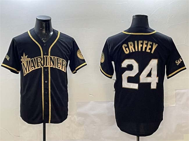 Seattle Mariners #24 Ken Griffey Jr. Black Gold Cool Base Stitched Baseball Jersey