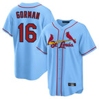 Johmsee St. Louis Cardinals #16 Nolan Gorman Player Light Blue Home Game Stitched Jerseys