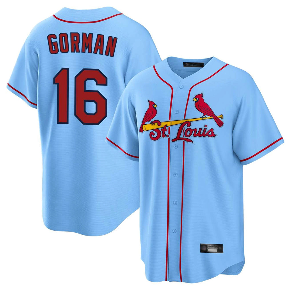Johmsee St. Louis Cardinals #16 Nolan Gorman Player Light Blue Home Game Stitched Jerseys