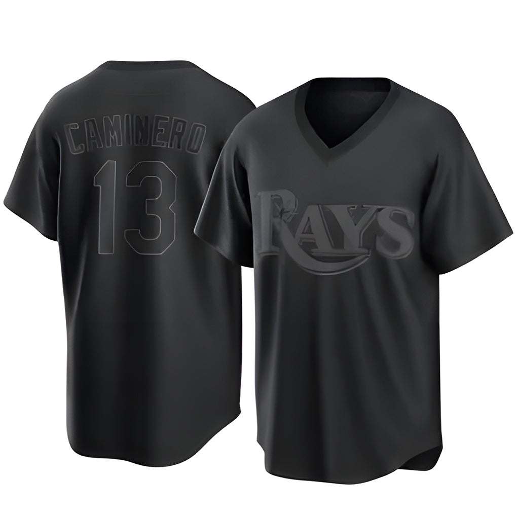 Johmsee T.Bay Rays #13 Junior Caminero Player Black Home Game Stitched Jerseys