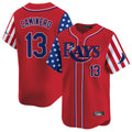 Johmsee T.Bay Rays #13 Junior Caminero Player Red 2025 Independence Day Vapor Premier Limited Stitched Jerseys
