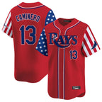 Johmsee T.Bay Rays #13 Junior Caminero Player Red 2025 Independence Day Vapor Premier Limited Stitched Jerseys