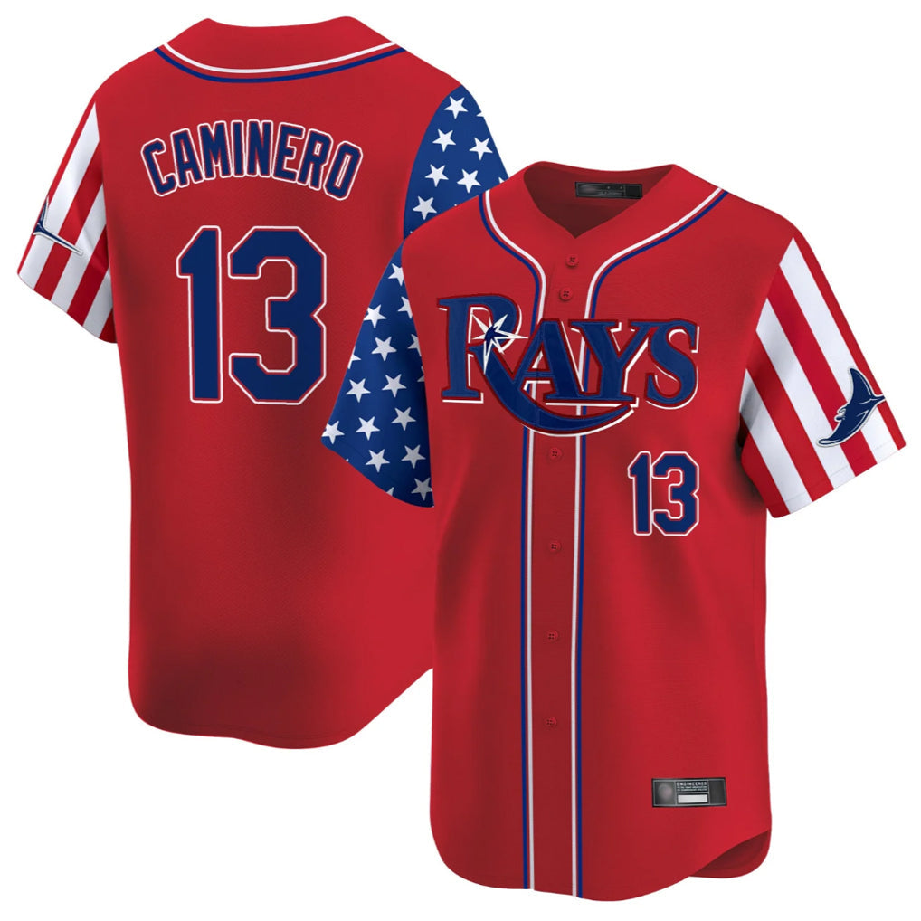 Johmsee T.Bay Rays #13 Junior Caminero Player Red 2025 Independence Day Vapor Premier Limited Stitched Jerseys