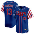 Johmsee T.Bay Rays #13 Junior Caminero Player Royal 2025 Independence Day Vapor Premier Limited Stitched Jerseys