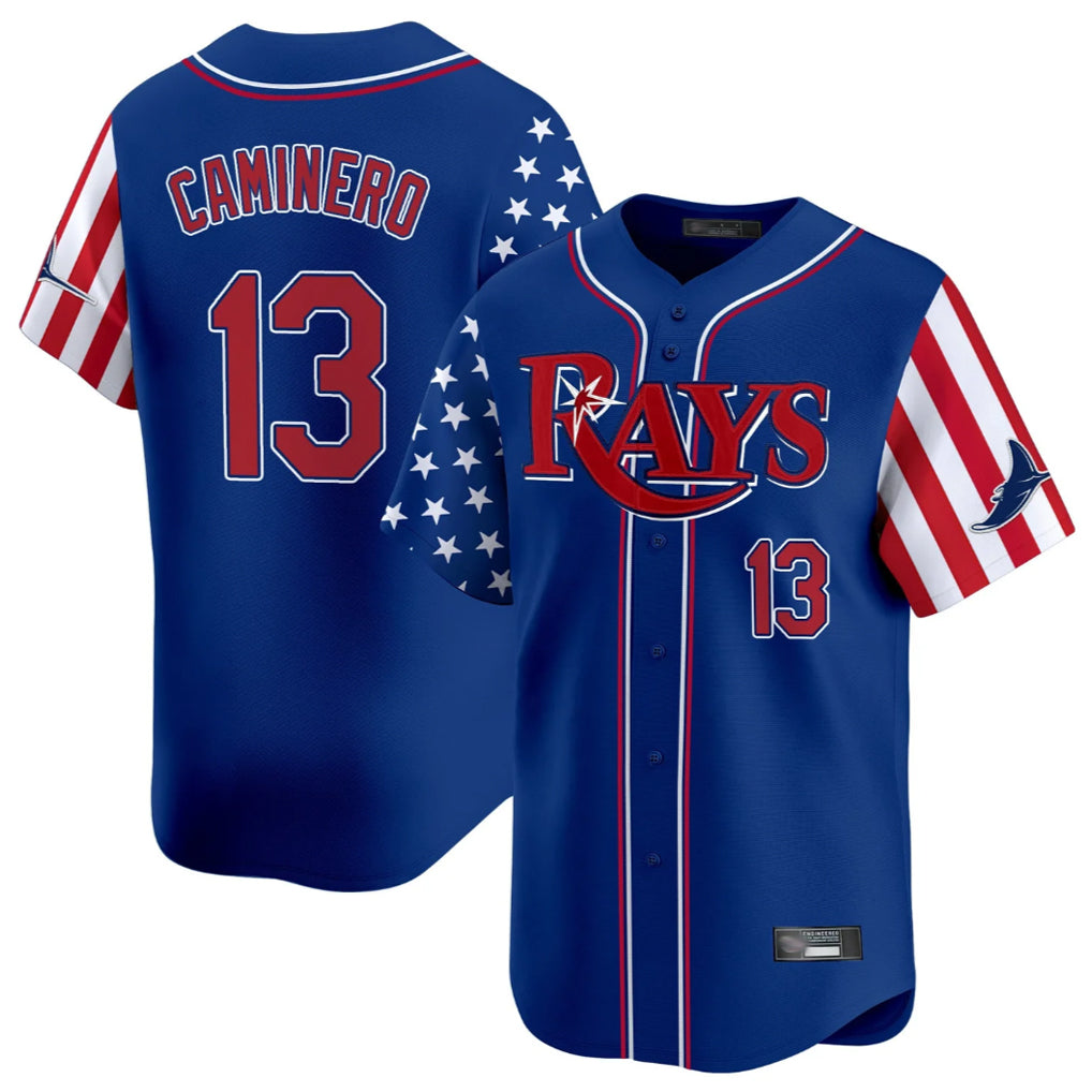 Johmsee T.Bay Rays #13 Junior Caminero Player Royal 2025 Independence Day Vapor Premier Limited Stitched Jerseys