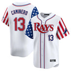 Johmsee T.Bay Rays #13 Junior Caminero Player White 2025 Independence Day Vapor Premier Limited Stitched Jerseys