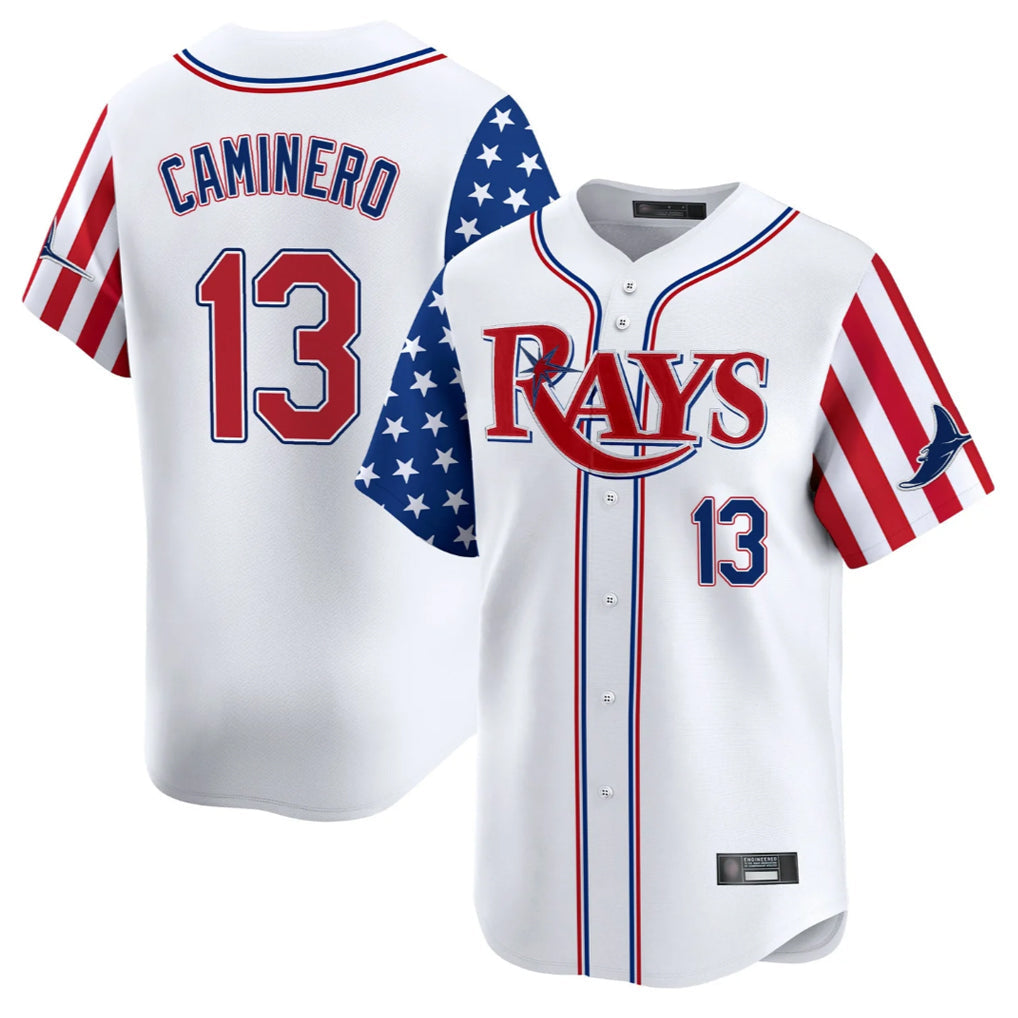 Johmsee T.Bay Rays #13 Junior Caminero Player White 2025 Independence Day Vapor Premier Limited Stitched Jerseys