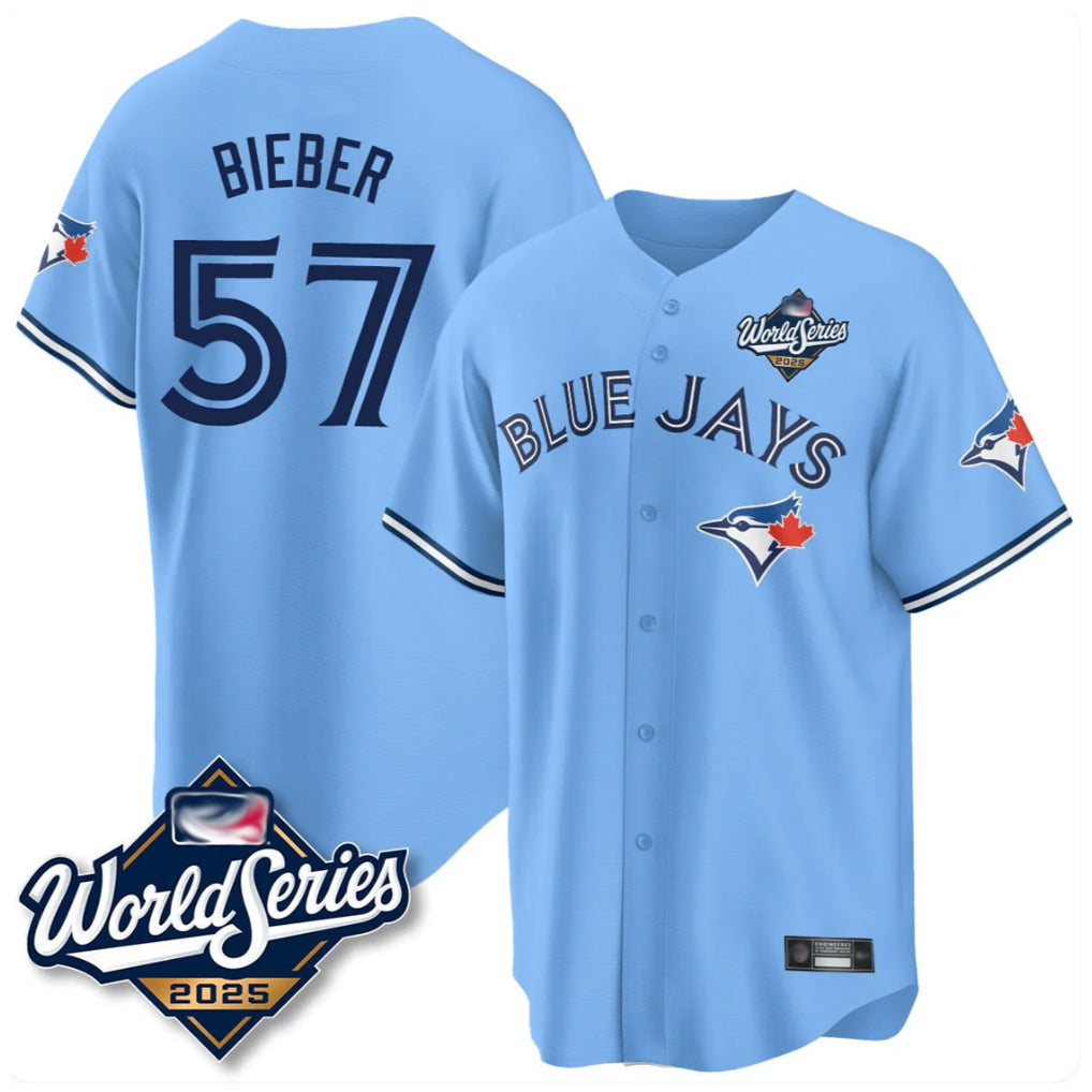 Johmsee T.Blue Jays #57 Shane Bieber Player Blue 2025 World Series All Stitched Jerseys