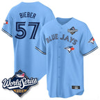 Johmsee T.Blue Jays #57 Shane Bieber Player Blue 2025 World Series All Stitched Jerseys