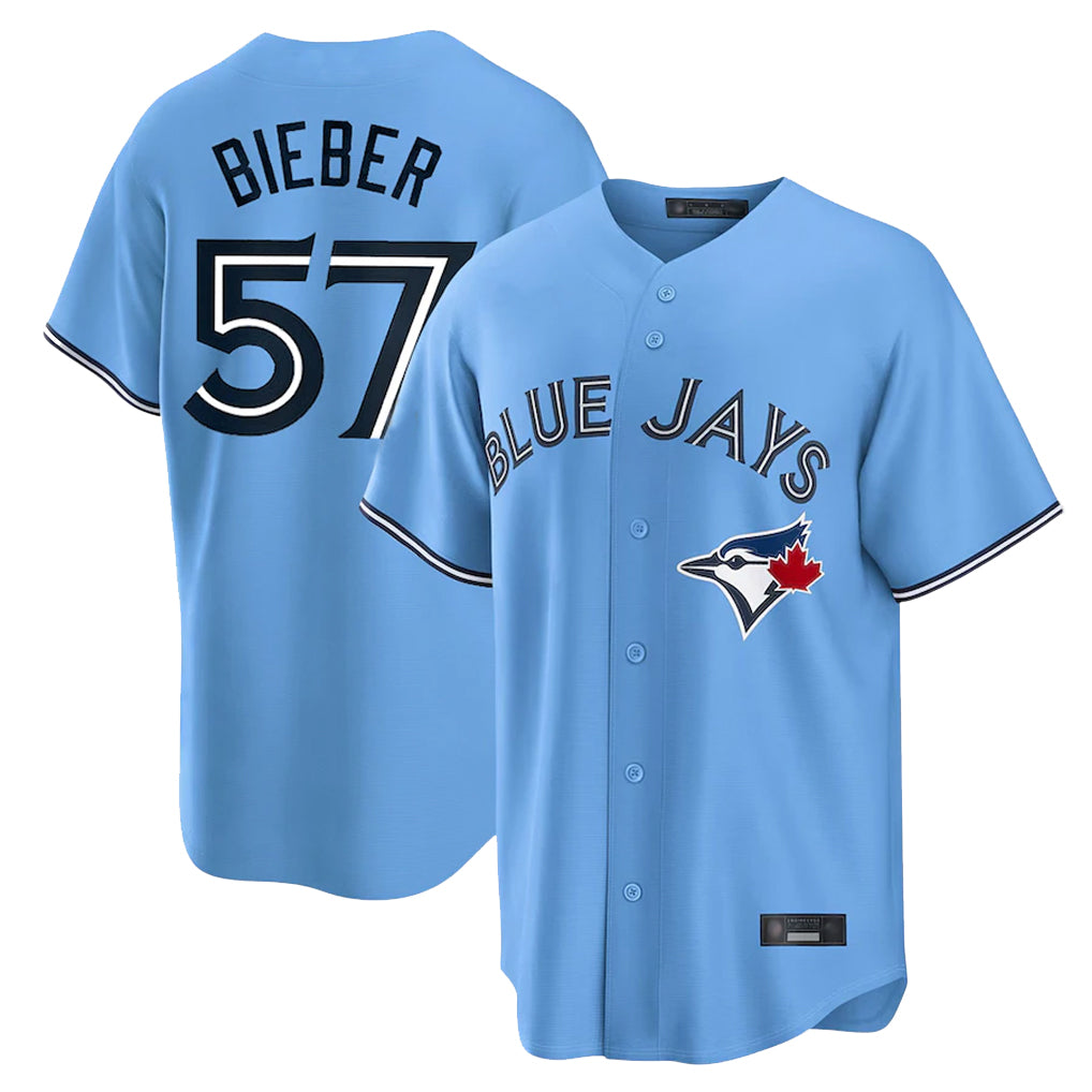Johmsee T.Blue Jays #57 Shane Bieber Player Blue Home Stitched Jerseys